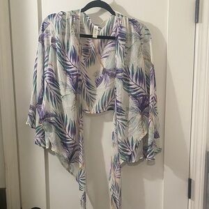 mahina Cream Palm-Print Open Front Kimono with Purple & Teal Leaves